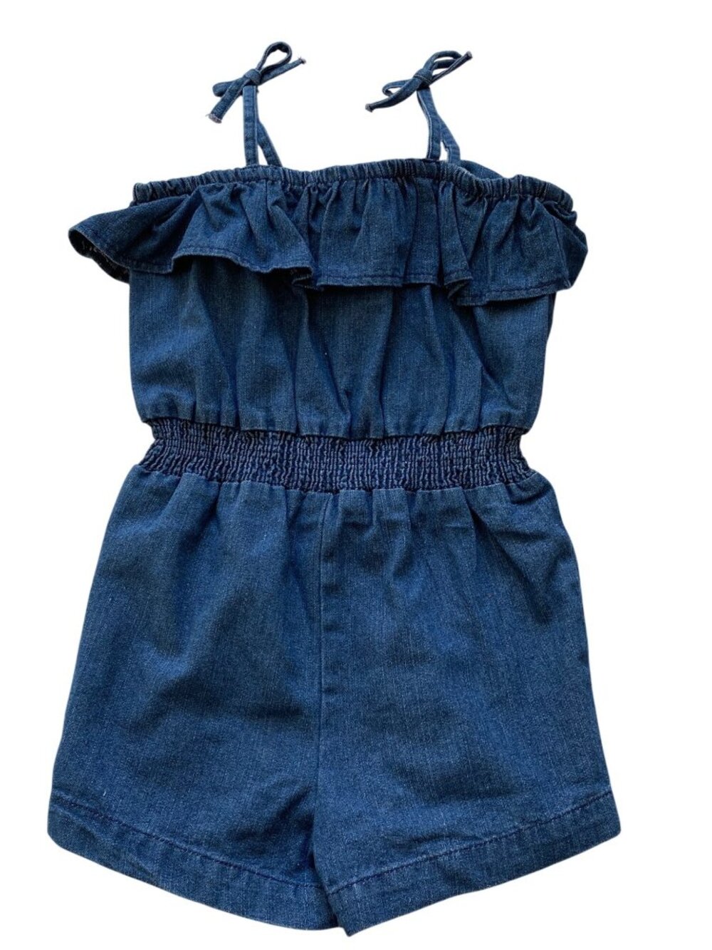 Mud Pie blue denim ruffle romper girls 3T 4T 5T NWT ruffle dark wash bow smocked